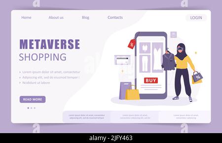 Metaverse Online Shopping Landing Page Template. Arabische Frau in VR-Brille Wahl Waren in Web-Anwendung. Cyberspace oder Virtual Reality Konzept Stock Vektor