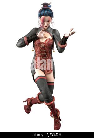 Junge asiatische Frau im roten Outfit, Fantasy-Krieger, 3D Illustration. Stockfoto