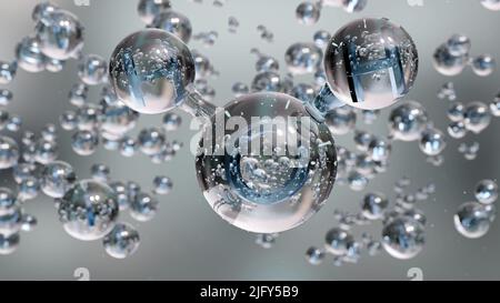 Wassermoleküle, Molekulare chemische Formel H2O, geruchlos, Ball und Stick chemisches Strukturmodell, Makroflüssigkeitsblasen, Partikel im Tröpfchen, Stockfoto