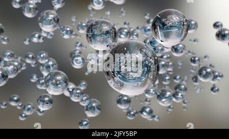 Wassermoleküle, Molekulare chemische Formel H2O, geruchlos, Ball und Stick chemisches Strukturmodell, Makroflüssigkeitsblasen, Partikel im Tröpfchen, Stockfoto