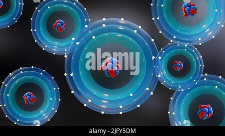 Atommatomie, Atommodell oder -Struktur, Elektronen umkreisen die Kernteilchen, Einzelatom und seine Elektronenwolke. Quantenmechanik und Atom, N Stockfoto