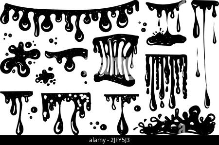 Ein Set zum Arbeiten mit Blobs. Gezeichnete Elemente im Doodle-Stil. Schwarze Schleimspritzer, sich dehnender Schleim, giftig tropfender Schleim. Schleimspritzer und Tröpfchen Stock Vektor