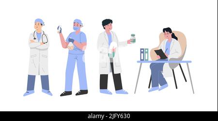Ärzte stehen in blauen Uniformen aus verschiedenen Bereichen der Medizin in einer Reihe Stock Vektor
