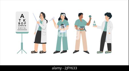 Verschiedene Ärzte stehen in verschiedenen Positionen und aus verschiedenen Richtungen im Krankenhaus Stock Vektor