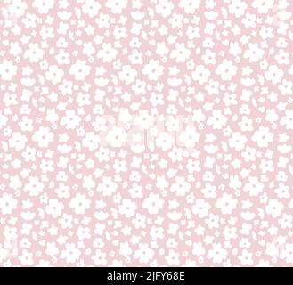Vektor zartes nahtloses ditsy Muster. Romantische Textur mit kleinen weißen Blüten auf rosa Hintergrund. Einfache florale cottagecore Hintergrund für Stoffe Stock Vektor