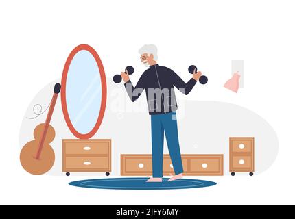 Älterer Mann, der zu Hause trainiert. Ältere aktive gesunde Lebensweise Vektor-Illustration Stock Vektor