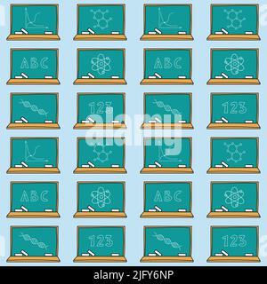 Schule Doodle-Muster. Handgezeichnetes Brett mit Kreide und geschriebenen Symbolen, Buchstaben und Zahlen. Schule nahtloser Hintergrund. Vektorgrafik. Stock Vektor