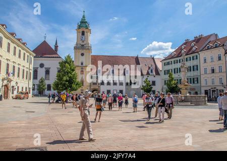 Historisches Viertel mit charmanten engen Gassen, Bürgerhäusern und Adelspalästen in Bratislava Stockfoto