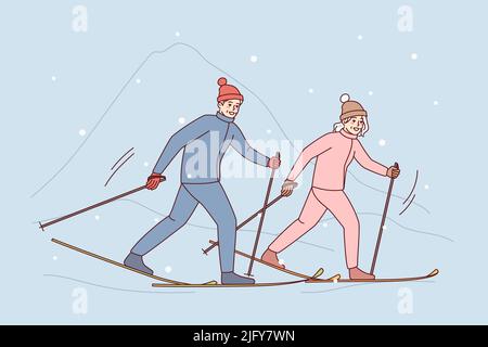 Glückliches Paar in Oberbekleidung Skifahren in den Bergen. Mann und Frau genießen Winterurlaub mit sportlichen Aktivitäten. Vektorgrafik. Stock Vektor