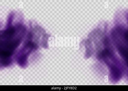 Realistischer Vektor auf transparentem Hintergrund isoliert. Staub, violette Wolke, Schmutz, Zigarettenrauch, Smog, Erde und Sandpartikel. Konzept Hausreinigung, Luftverschmutzung, große Explosion Stock Vektor