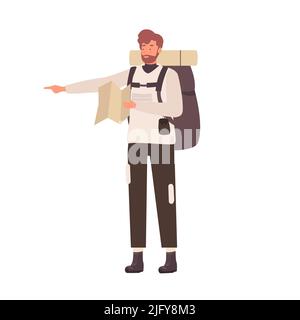 Männlicher Tourist zeigt Richtung mit Karte. Wandermann mit Rucksack Vektor-Illustration Stock Vektor