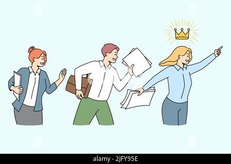 Mitarbeiter, die weibliche Führungspersönlichkeit verfolgen, erreichen gemeinsame Geschäftsziele und Erfolge. Mitarbeiter, die an der Teamarbeit beteiligt sind, streben nach Unternehmenserfolgen. Führung. Vektorgrafik. Stock Vektor