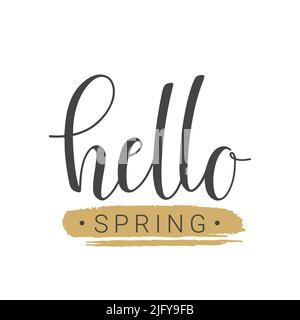 Vektorgrafik. Handgeschriebener Schriftzug von Hello Spring. Vorlage für Grußkarte, Postkarte, Poster, Print oder Webprodukt. Stock Vektor