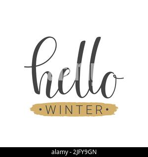 Vektorgrafik. Handgeschriebener Schriftzug von Hello Winter. Vorlage für Grußkarte, Postkarte, Poster, Print oder Webprodukt. Stock Vektor