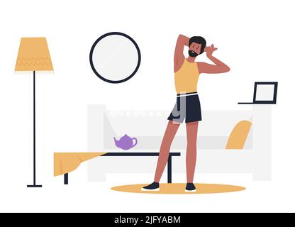 Sport Mann tun Stretching-Übung. Yoga üben, Home Workout-Programm Vektor-Illustration Stock Vektor