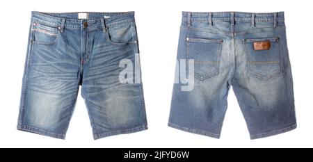 Vorder- und Rückseite der neuen blauen Denim-Shorts für Männer, isoliert auf weißem Hintergrund Stockfoto