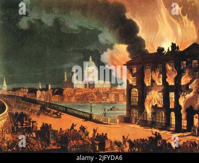 Feuer in London, c1808-1810. Ein Druck aus dem 'Mikrokosmos von London', von William Henry Pyne (1770-1843). Illustriert von Thomas Rowlandson (1756-1827) und Auguste Charles Pugin (1762-1832). Albion Mills war eine dampfbetriebene Getreidemühle an der südöstlichen Seite der Blackfriars Bridge in Southwark, London. Matthew Boulton (1728-1809) begann bereits 1783 mit den Plänen für die Mühle; sie wurde 1786 fertiggestellt und am 2.. März 1791 um 06:30 Uhr durch Feuer entkuttet. Stockfoto