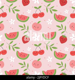Nahtloses Muster mit lustigen Charakteren Fruchtscheiben aus frischer Wassermelone, Peac, Erdbeeren und Kirschen auf weißem Hintergrund. Abbildung für Buch, Stock Vektor