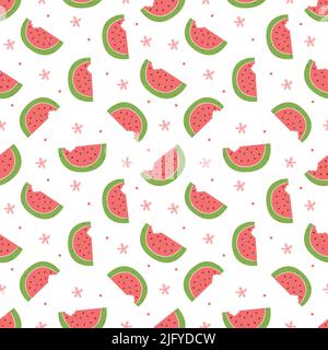 Nahtloses Muster mit roten Scheiben frischer Wassermelone auf weißem Hintergrund. Illustration für Buch, Geschenkpapier, Textildruck, Tapete Stock Vektor