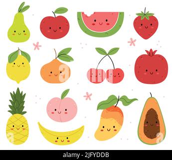 Set von Sommer Lustige Früchte und Beeren Zeichen.Kinder-Illustration. Apfel, Orange, Wassermelone, Erdbeere, Birne, Papaya, Banane, Zitrone, Zirbeldrüse Stock Vektor