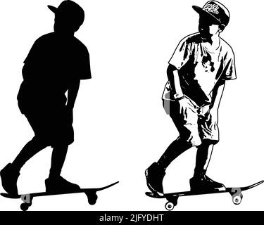 Skateboarder Kind, Silhouette und Skizze Illustration - Vektor Stock Vektor