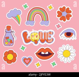 Set von Liebe Aufkleber Retro groovy Elemente, niedlich funky hippy. Niedlicher Schriftzug Love im groovigen Stil mit Smiley-Gesicht, Gänseblümchen-Blumen, Regenbogen und Lippen Stock Vektor