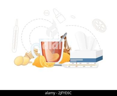 Heißer Tee mit Zitrone in Glas Tasse mit Servietten und Thermometer für Hausmittel Behandlung gegen Erkältung Vektor-Illustration auf weißem Hintergrund Stock Vektor