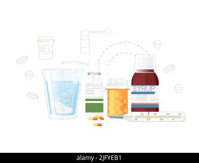 Set aus drei transparenten Glasbecher mit Wasser und löslichen medizinischen Tablette Vektorgrafik isoliert auf weißem Hintergrund Stock Vektor