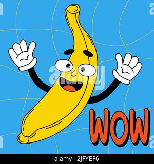 Lustige Zeichentrickfigur. Grooviger, funky Bananencharakter mit Handschuhen. Wow. Vektor-Illustration trendy Retro-Cartoon-Stil. Comic-Element für Stick Stock Vektor