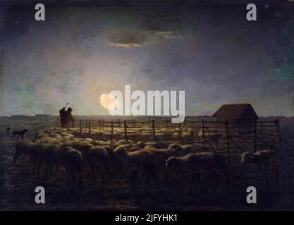 Jean Francois Millet, der Schafstall: Mondschein, Ölgemälde auf Tafel, 1856-1860 Stockfoto