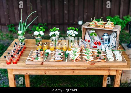 Köstliches Catering-Bankettbuffet im rustikalen Stil im Garten. Verschiedene Snacks, Sandwiches und Cocktails. Im Freien. Stockfoto