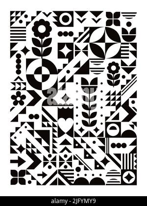 Bauhaus Stil cooles geometrisches Vektor Poster Design 18x24 Format in schwarz und weiß mit Blumen, Dreiecken, Herz Stock Vektor