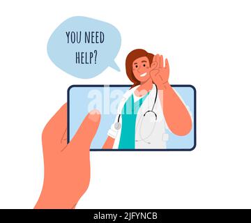 Video-Anruf zum Arzt über Handy.Online-Beratung.Vektor flache Illustration Stock Vektor
