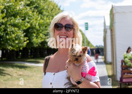 Eine Dame posiert mit ihrem Spielzeug Yorkshire Terrier beim RHS Hampton Court Flower Festival Stockfoto