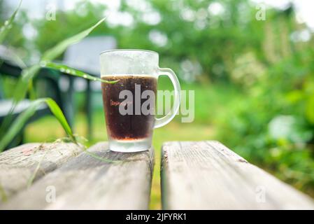 Ein Becher mit dunklem, erfrischendem Bier auf einem Hintergrund aus grünem Gras Stockfoto