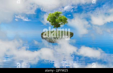 Erstaunliche Insel mit Gras und einem Baum, der in der Luft über dem Meer mit weißen Wolken schwimmt Stockfoto