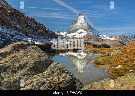 Riffelsee mit Matterhorn, 4478m, Zermatt, Wallis, Schweizer Alpen, Schweiz, Europa Stockfoto