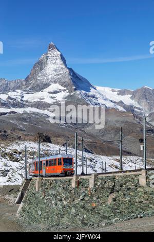 Gornergratbahn Zahnradbahn, Blick auf Matterhorn Peak, 4478m, Zermatt, Wallis, Schweizer Alpen, Schweiz, Europa Stockfoto