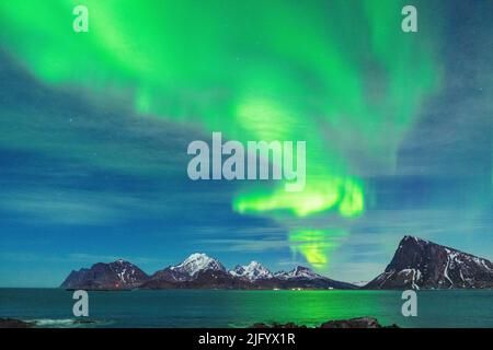 Hellgrüne Lichter der Nordlichter, die sich im Meer, Myrland, Leknes, Vestvavoy, Lofoten, Norwegen, Skandinavien Stockfoto