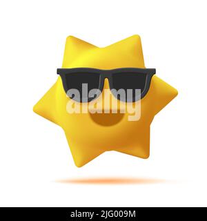 3D digitale Ikone einer lächelnden Sonne in Sonnenbrillen, isoliert. Vektorgrafik Stock Vektor
