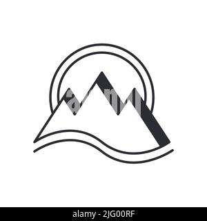 Vektorgrafik für Symbole der Berglinie. Wanderung, Reisedarstellung. Wandern und Bergsteigen einfaches isoliertes Logo. Camping Symbol Berg und Sonne Stock Vektor