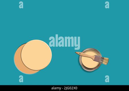 Kreatives Konzept Bild der Dekoration Umbau Farbe Malerei Pinsel Farbtopf kann auf einem bunten blauen Hintergrund gemalt creme beige Kreis Stockfoto