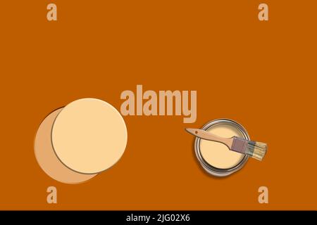 Kreatives Konzept Bild der Dekoration Umbau Farbe Malerei Pinsel Farbtopf kann auf einem bunten orange tan Hintergrund gemalt beige Creme Kreis Stockfoto