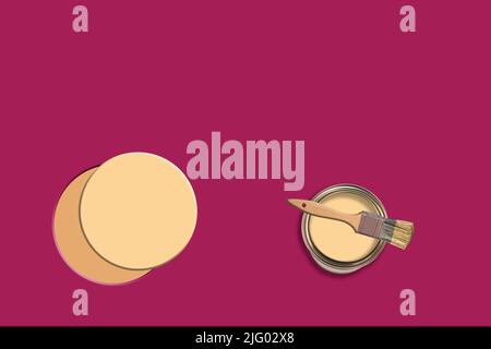 Kreatives Konzept Bild der Dekoration Umbau Farbe Malerei Pinsel Farbtopf kann auf einem bunten beigen Hintergrund gemalt violetten Kreis Stockfoto