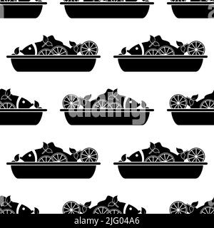 Fischgericht Platte Symbol Nahtloses Muster, Fischgericht In Platte Vektor-Kunst Illustration Stock Vektor