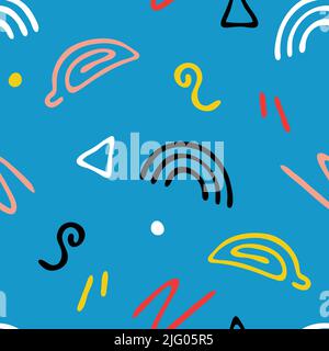 Nahtloses Vektor-Muster mit lustigen Kritzeleien auf blauem Hintergrund. Einfache handgezeichnete Form Tapete Design. Dekorative coole Popmode-Textilien. Stock Vektor