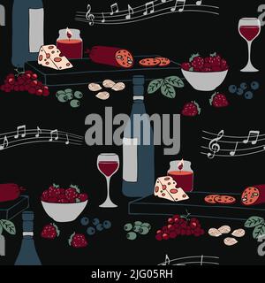 Nahtloses Vektormuster mit Lebensmittelplatte auf schwarzem Hintergrund. Dekoratives Weintapete-Design. Relax Fashion Textil. Stock Vektor