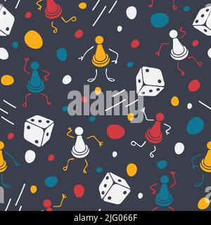 Nahtloses Vektor-Muster mit Brettspielstücken auf blauem Hintergrund. Einfache Cartoon dekorative Tapeten-Design. Familie Freizeit Mode Textil. Stock Vektor