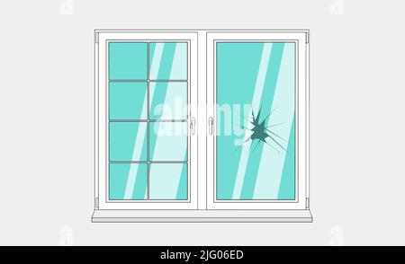 Das Fenster ist mit einer gesprungenen Vektorgrafik aus Glas gebrochen. Cartoon-Fenster auf Backsteinwand-Gebäudefassade Design-Element Stock Vektor