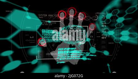 Bild von chemischen Formeln und Datenverarbeitung über Fingerabdrücken auf schwarzem Hintergrund Stockfoto